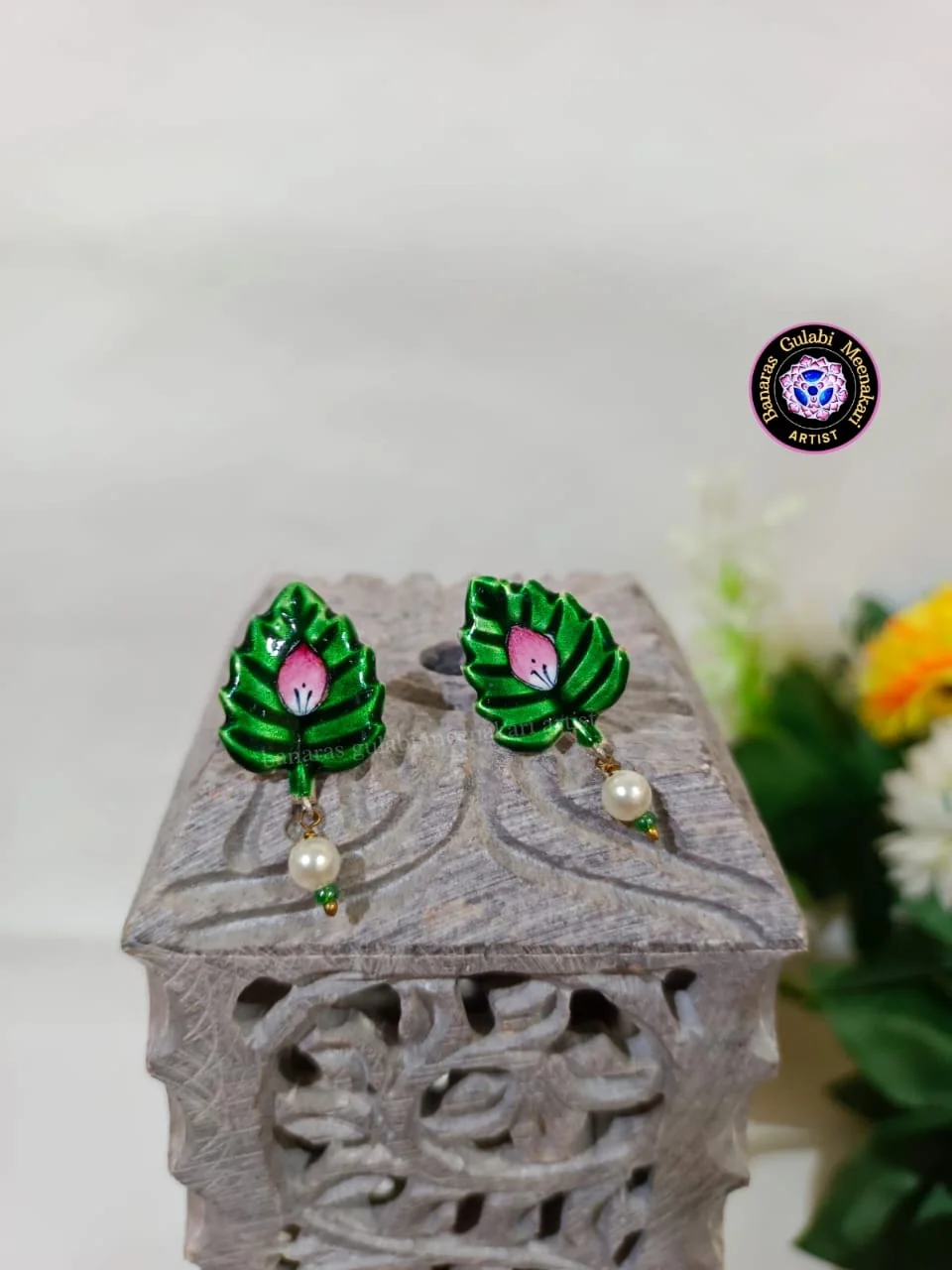 Gulabi Meenakari Leaf Stud